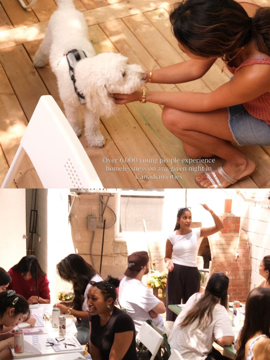 A guest with a dog, and the workshop in progress